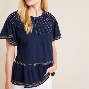 NWT Anthropologie Maeve Embroidered Swing Top S Small Navy Blue